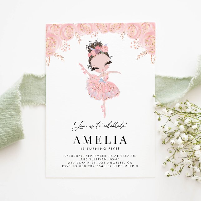 Invitation Brunette Ballerina en Robe Rose Anniversaire Flora (Créateur téléchargé)