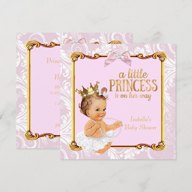 Invitation Brunette Bébé Princesse Baby shower Blanc Rose Or (Devant / Derrière)