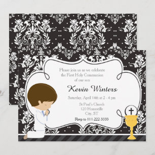 Invitation Brunette Boy First Communion Damask