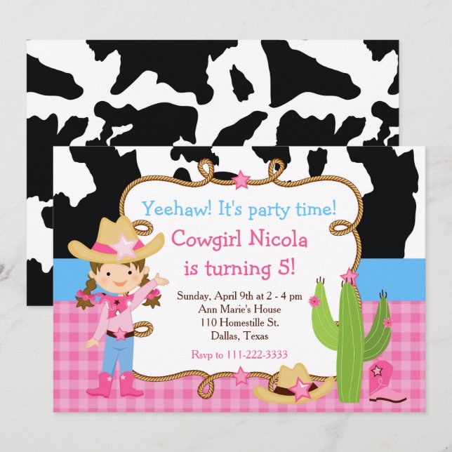 Invitation Brunette Cowgirl Western fête d'anniversaire (Devant / Derrière)