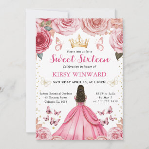 Invitation Brunette en robe rose, princesse, Sweet 16