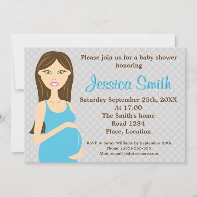Invitation Brunette Femme Enceinte En Baby shower Robe Bleue (Devant)