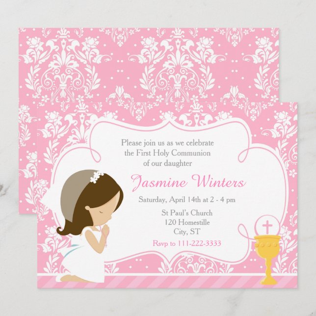 Invitation Brunette Girl First Communion Damask (Devant / Derrière)
