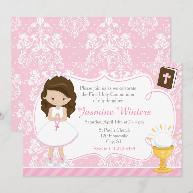 Invitation Brunette Girl First Communion Damask (Devant / Derrière)