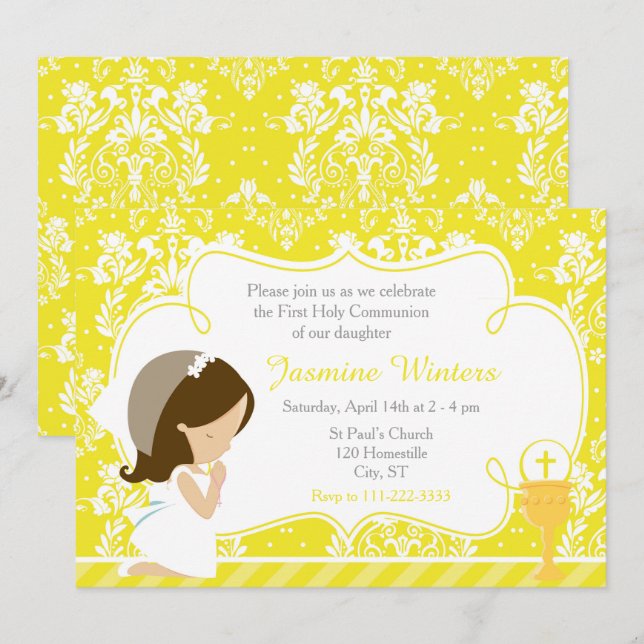 Invitation Brunette Girl First Communion Damask (Devant / Derrière)