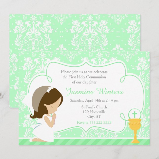 Invitation Brunette Girl First Communion Damask (Devant / Derrière)