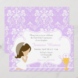 Invitation Brunette Girl First Communion Damask