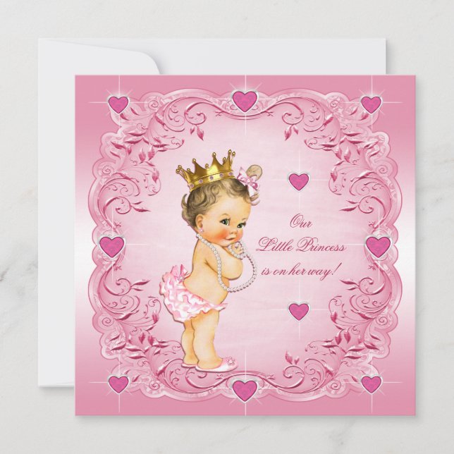 Invitation Brunette Little Princess Love Hearts Baby shower (Devant)