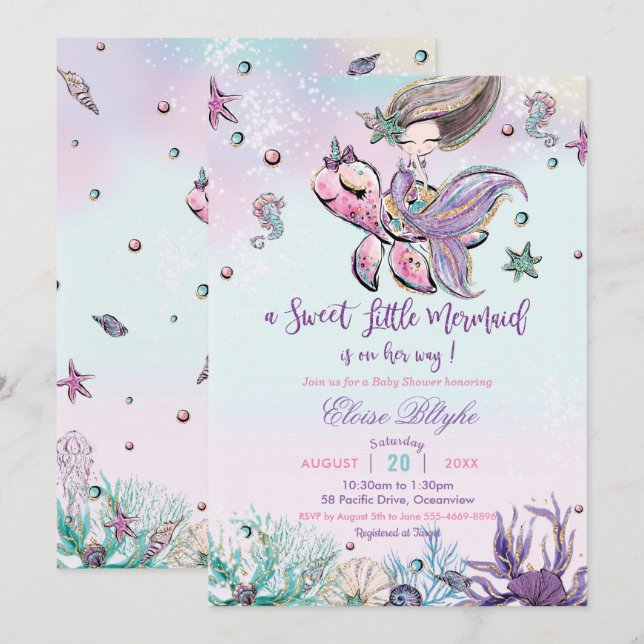 Invitation Brunette Mermaid Baby shower de fille sous la mer (Devant / Derrière)