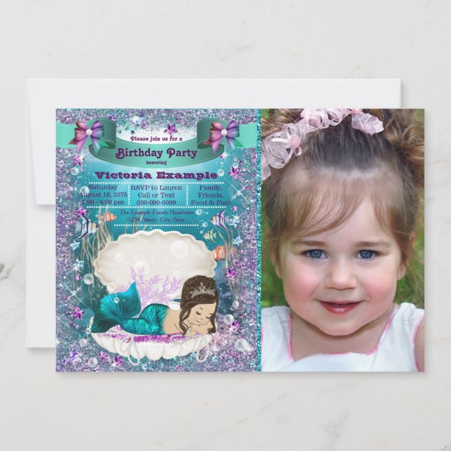 Invitation Brunette Mermaid Turquoise et violette Fête d'anni (Devant)