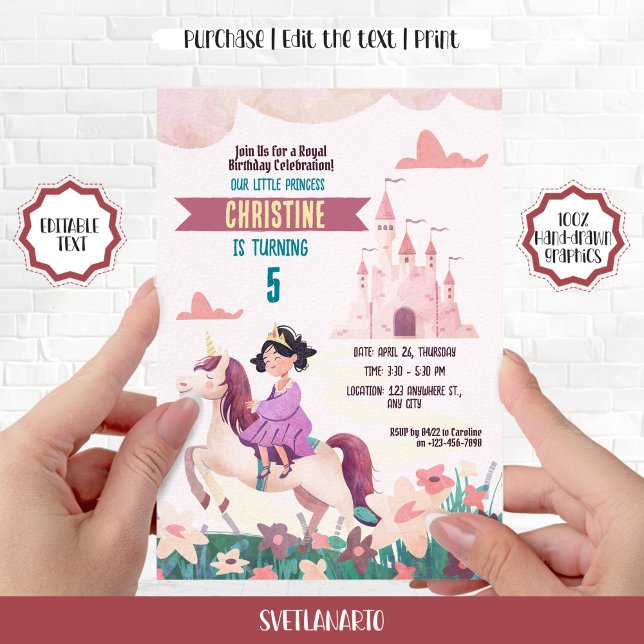 Invitation Brunette Princess équitation Unicorn Party Invitat (Créateur téléchargé)