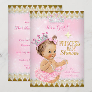 Invitation Brunette Princesse Baby shower Pink Tutu Gold