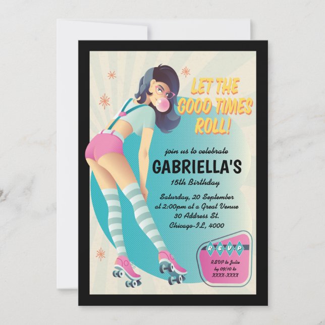 Invitation Brunette Retro Roller Ski fête d'anniversaire (Devant)