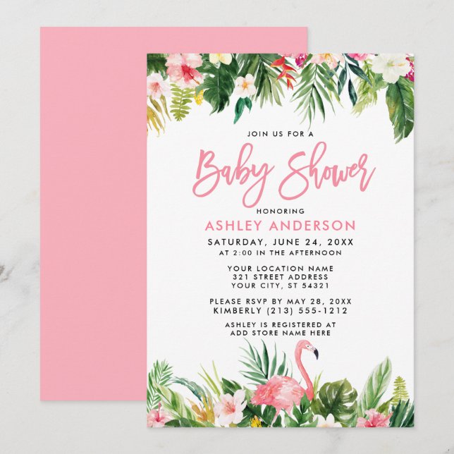 Invitation Brush Script Baby shower floral tropical (Devant / Derrière)