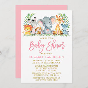 Invitation Brush Script Safari Animaux Baby shower or rose