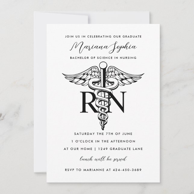 Invitation BSN RN Nurse Graduation noir et blanc (Devant)