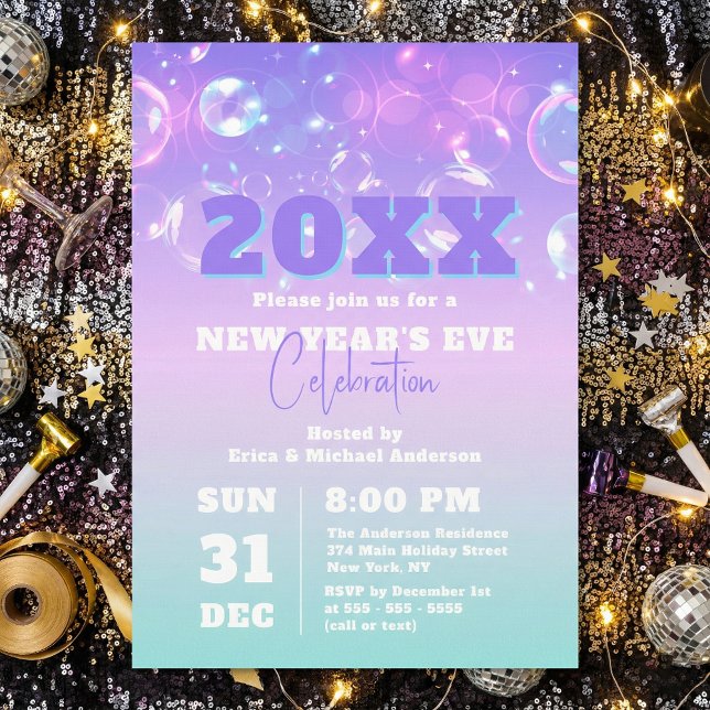 Invitation Bubbles and Lights Pastel Gradient New Year's Eve (Créateur téléchargé)