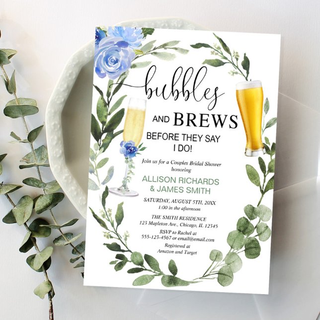 Invitation Bubbles Brews bleu verdure couples nuptiale douche (Créateur téléchargé)