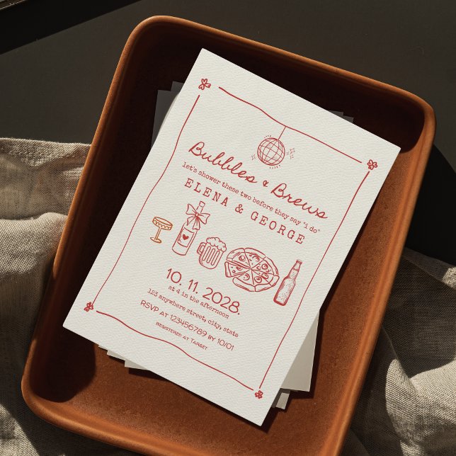 Invitation Bubbles & Brews Rouge Main Tirée Couples Douche (bubbles & brews couple's shower invitation hand drawn informal, funny, quirky, unique aesthetic)