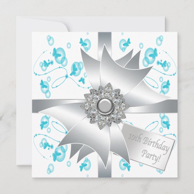 Invitation Bubbles papillon turquoise 10e anniversaire fêté I (Devant)