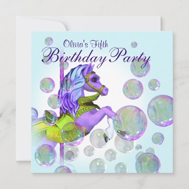 Invitation Bubbles Purple Carousel Pony Girls Anniversaire (Devant)