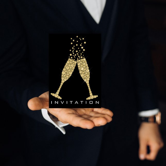 Invitation Bubbles Verres Champagne Cocktail Cristaux d'or (Bubbles Glasses Champagne Cocktail Gold Crystals Invitation)