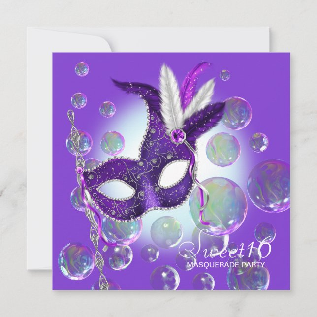 Invitation Bubbles violets Sweet sixteen violet mascarade (Devant)