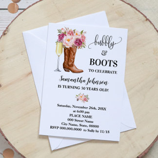 Invitation Bubbly & Boots Pink Flowers Anniversaire