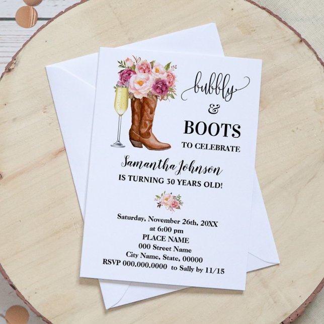 Invitation Bubbly & Boots Pink Flowers Anniversaire (Créateur téléchargé)