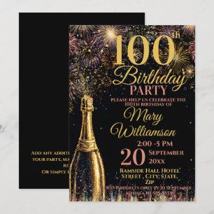 Invitation Bubbly Feu d'Artifice Or Rose 100e Anniversaire
