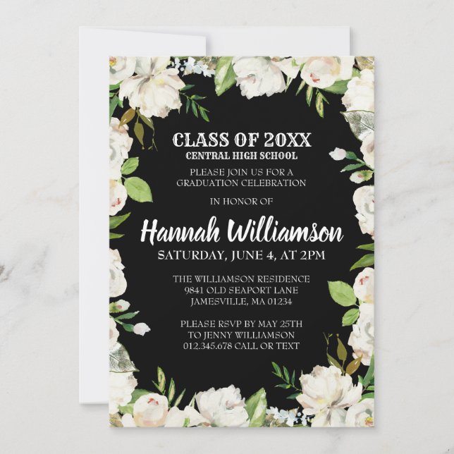 Invitation Budge Black White Floral Classe de 2021 Graduation (Devant)