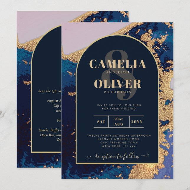 Invitation Budget Agate Blue Gold Wedding Inviter QR Code RSV (Devant / Derrière)