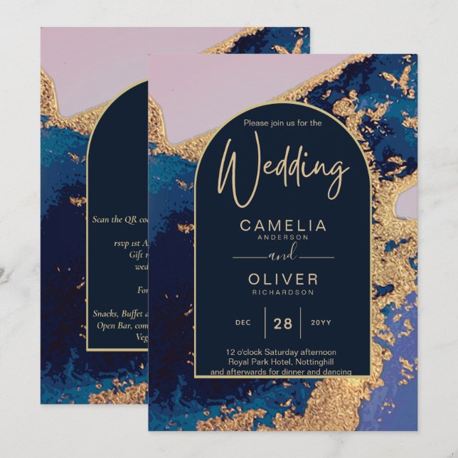 Invitation Budget Agate Blue Gold Wedding Inviter QR Code RSV (Devant / Derrière)
