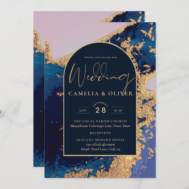 Invitation Budget Agate Blue Gold Wedding Inviter QR Code RSV (Devant / Derrière)