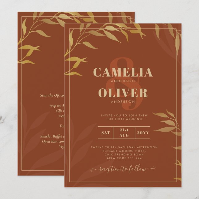 Invitation Budget All-in-1 Rustic Terracotta GOLD Mariage (Devant / Derrière)