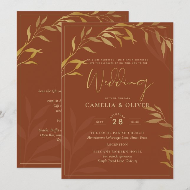 Invitation Budget All-in-1 Rustic Terracotta GOLD Mariage (Devant / Derrière)