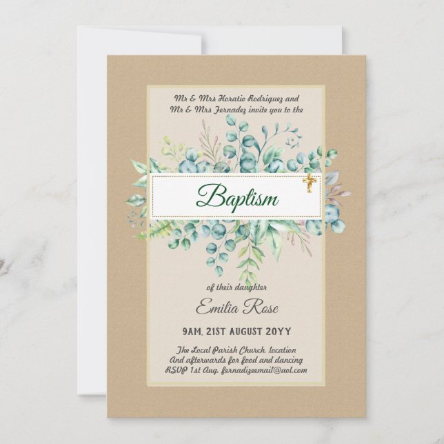 Invitation Budget BAPTISM Baptiser la verdure Feuilles Invita (Devant)