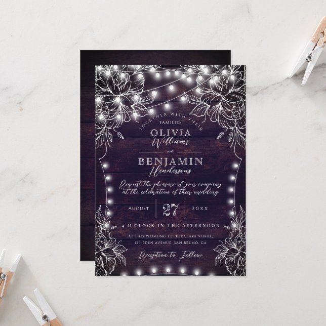 Invitation Budget Blanc Floral & Rustic Wood Lumières Mariage (Devant/Arrière en situation)