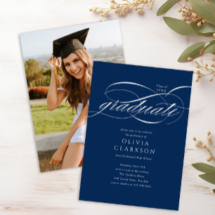 Invitation Budget Blue Elegant Script Photo Graduation Party