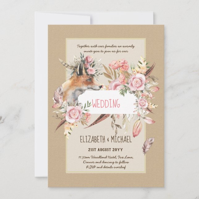 Invitation BUDGET Boho Woodland FOX Floral Mariage Moderne (Devant)