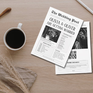 Invitation Budget, code QR, mariage de journal amusant
