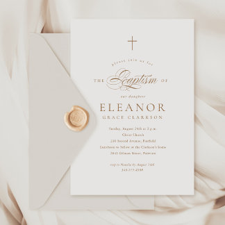 Invitation Budget Elegant Gold Cross Calligraphie Baptême