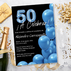 Invitation Budget Espagnol Ballons Bleus Noir 50e Anniversair