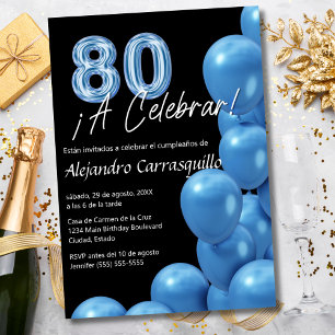 Invitation Budget Espagnol Ballons Bleus Noir 80e anniversair