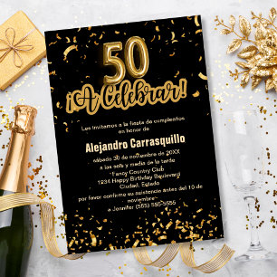 Invitation Budget Espagnol Noir & Or Confetti 50e anniversair