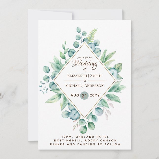 Invitation Budget Eucalyptus Verdure Mariage moderne Invite (Devant)