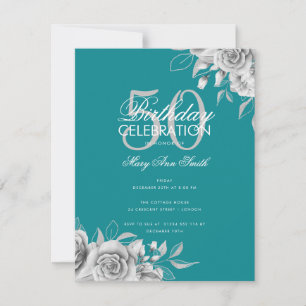 Invitation Budget Floral Anniversaire Fête Argent Turquoise