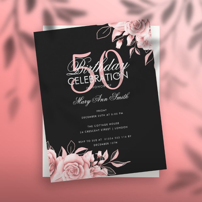 Invitation Budget Floral Anniversaire Rose Gold Black (Créateur téléchargé)