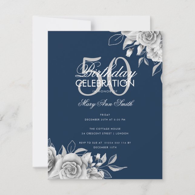 Invitation Budget Floral fête d'anniversaire Silver Navy (Devant)
