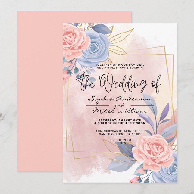 Invitation Budget Floral or bleu et rose mariage de pinceau (Devant / Derrière)